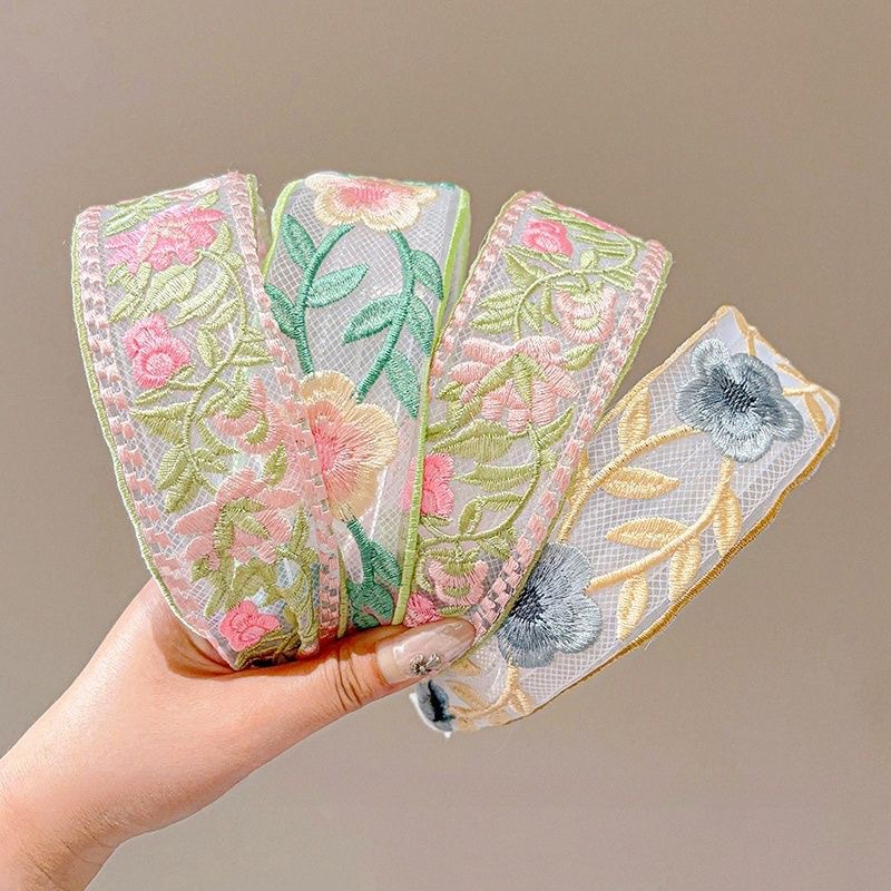 New Chinese-style high-end embroidered flower headband, female ethnic style floral cotton and linen fabric wide edge high head top headband full figure