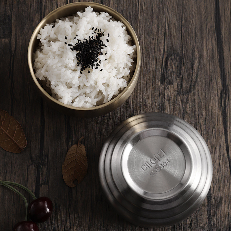 Korean-style 304 stainless steel covered bowl, household double-layer insulated soup bowl, children's rice bowl, golden cooking kimchi bowl details Picture