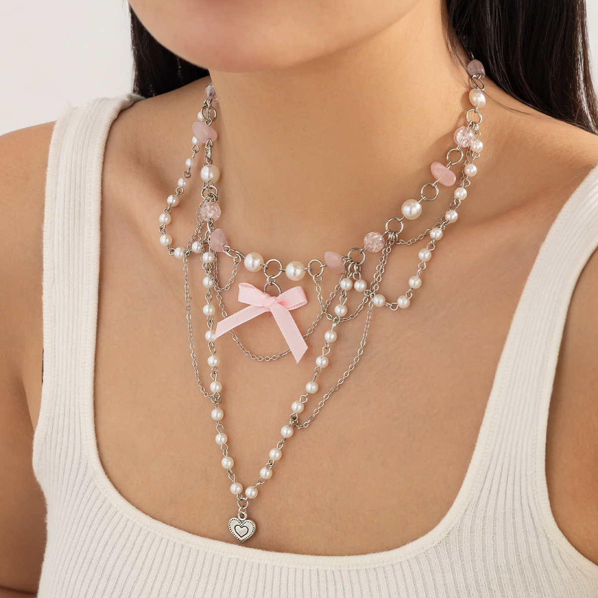 European and American cross-border accessories sweet style acrylic beaded Necklace fresh pearl tassels Necklace set details Picture