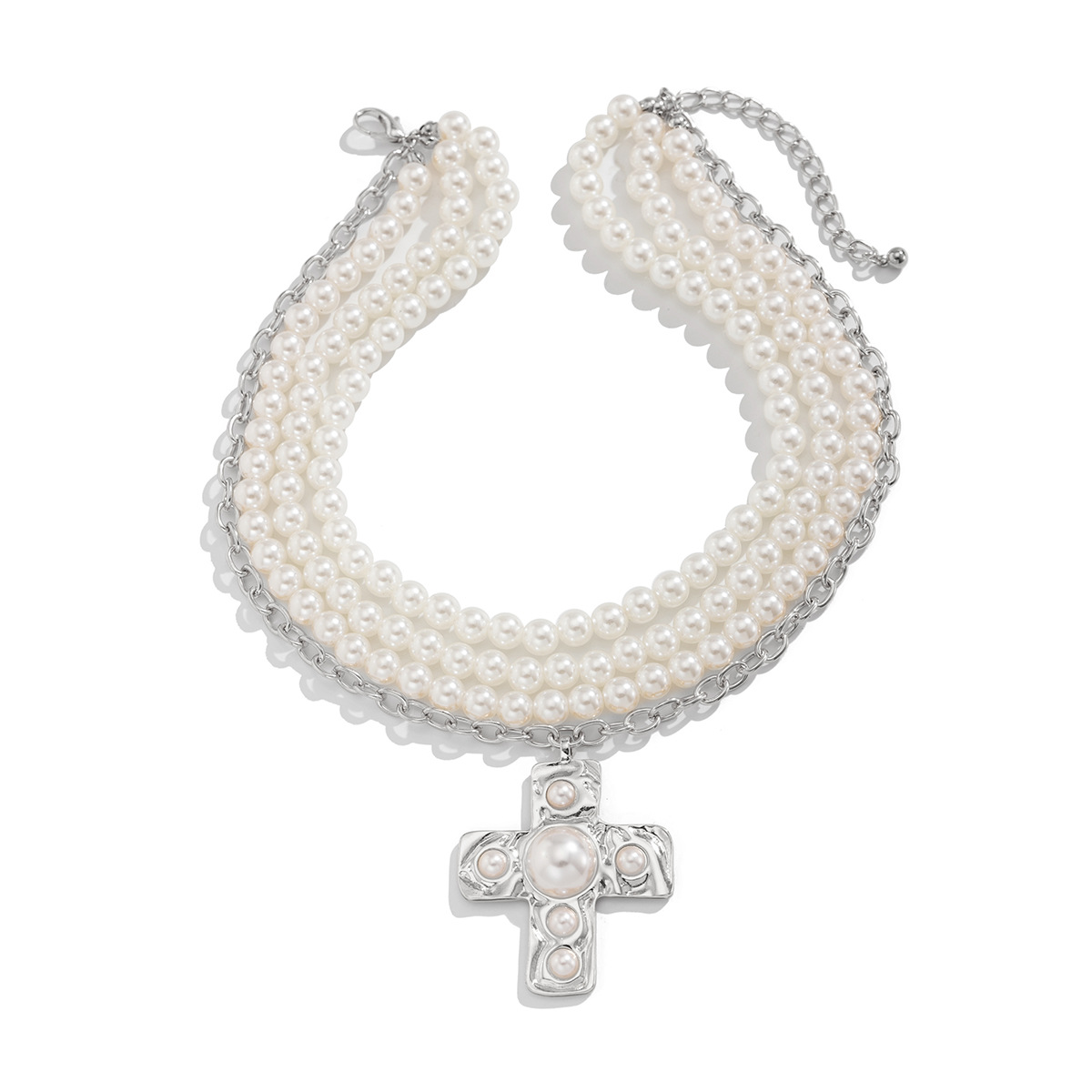 European and American cross-border jewelry, cold style cross alloy pendant collarbone chain, French elegant pearl beaded necklace Item Picture