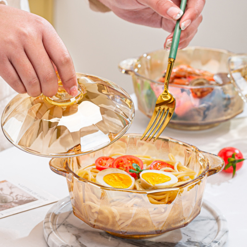 Diamond pot, amber crystal glass pot, covered instant noodle bowl, salad bowl, covered double-ear pot, diamond-shaped amber pot full figure