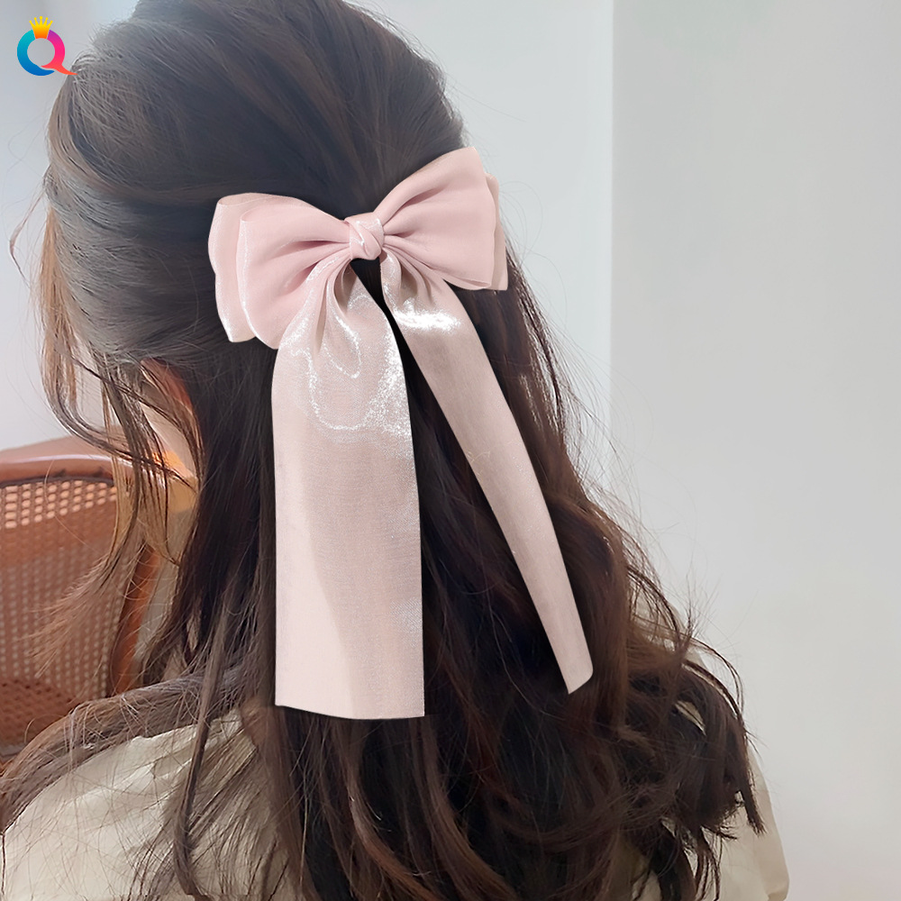 New Qiyue Korean version ribbon bow hair clip, long shiny yarn bun hair clip, duckbill clip, edge clip hair accessory details Picture