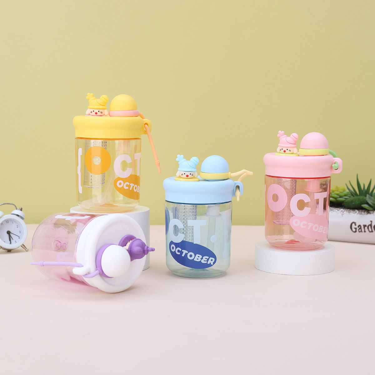 Double-drinking straw cup for girls, high appearance level, anti-drop and heat-resistant plastic cup, children and students, tea-water separation, flower tea cup Specification drawing