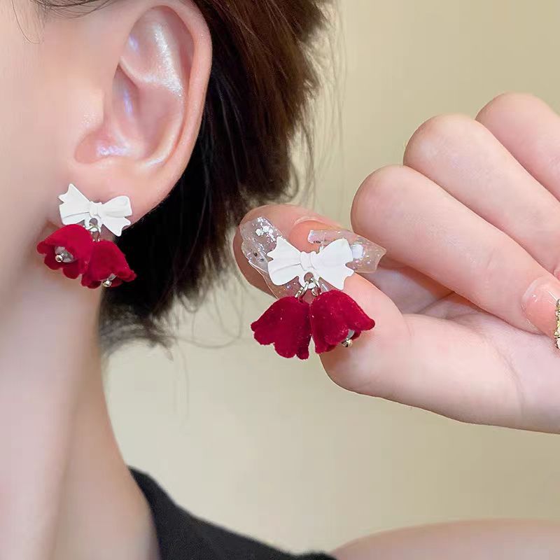 925 Bow Velvet Christmas Bell Pearl Earrings, Korean ins cute and small stud earrings, light luxury style earrings Specification drawing