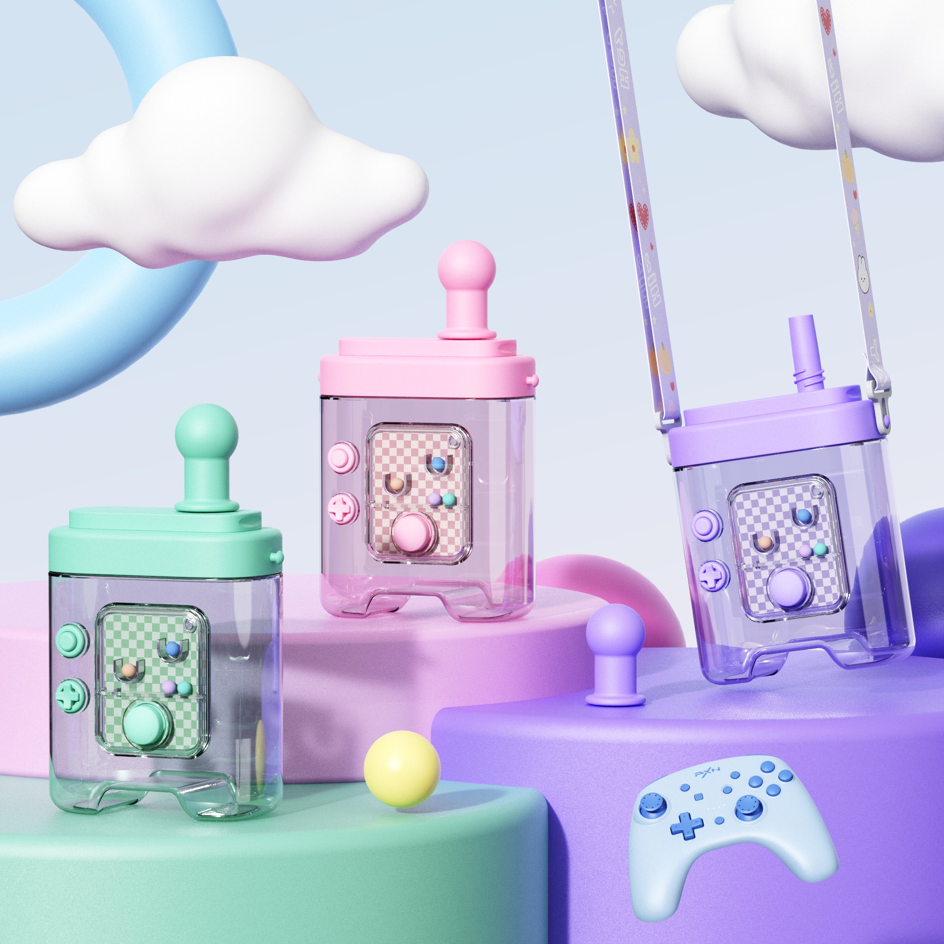 Summer cross-border e-commerce high appearance level creative fun game console plastic water cup straw Portable crossbody strap water bottle details Picture