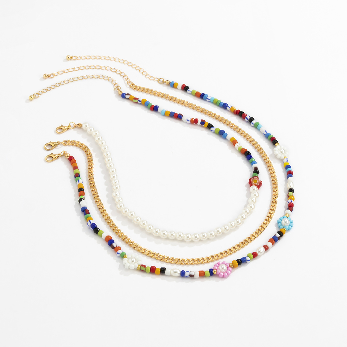 European and American cross-border jewelry, sweet and cool style color-blocking beaded metal chain necklace, ethnic style rice bead set necklace details Picture