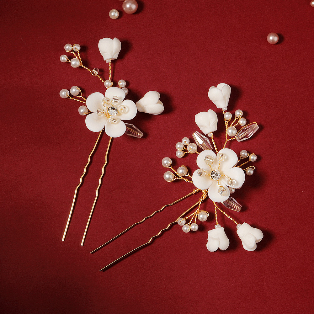 Hansoon-style fairy-like bride set, soft clay flower hair comb, retro Hanfu U-shaped updo hairpin, photo head accessory details Picture