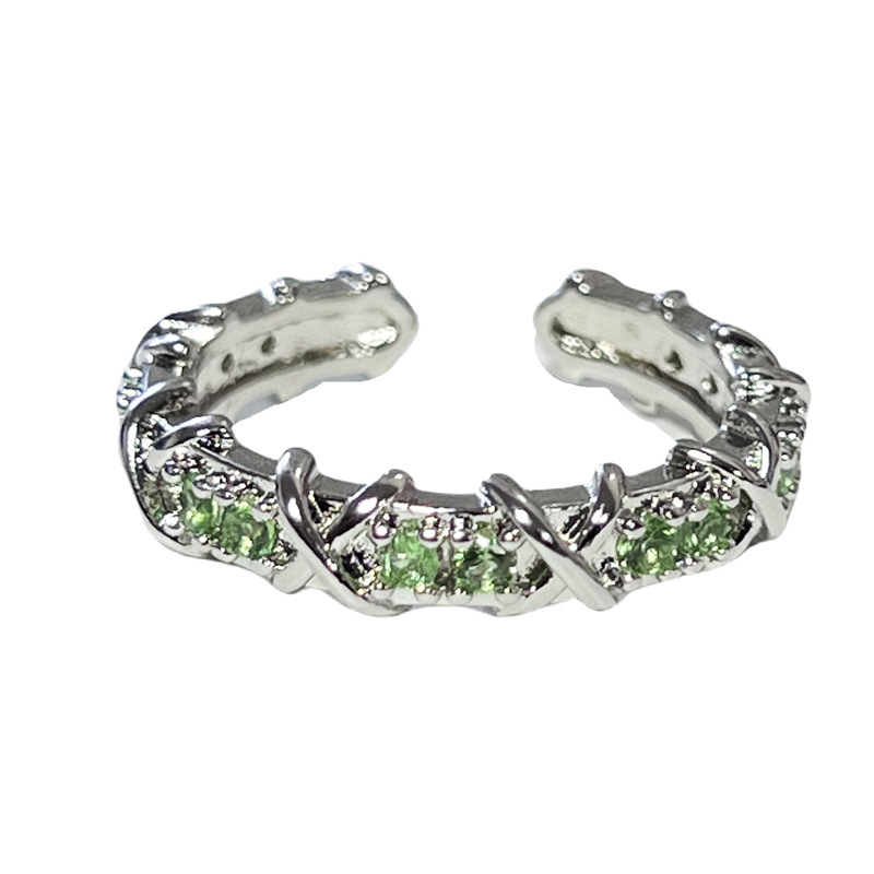 A light luxury and high-end brown zircon cross-shaped personality ring, a fresh green diamond for women, a cool and elegant style, versatile ring trend Item Picture