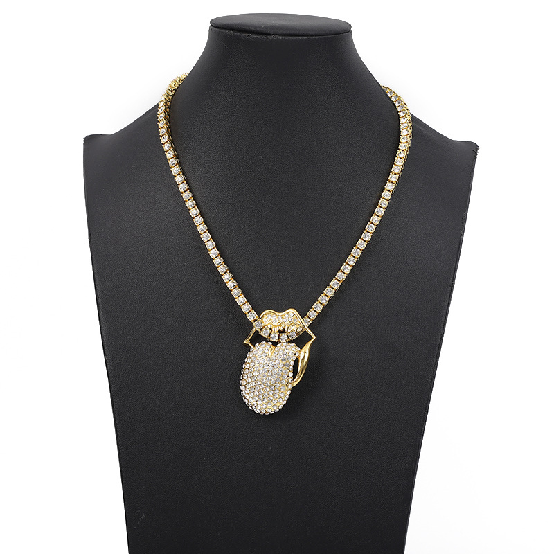 European and American hip-hop gold rap pendant decorated with diamonds, retro men's tongue pendant, trendy exaggerated necklace pendant, gold tongue accessory Item Picture