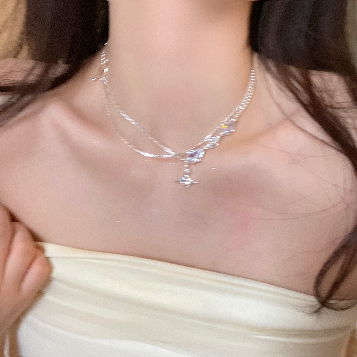 "Galaxy Tilt" Zircon water drop Light Luxury Niche Design necklace gift for women design neckchain collarbone chain full figure