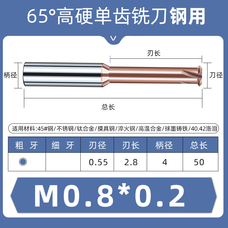 65-degree high-hardness single-tooth tungsten steel milling cutters, single-tooth alloy thread milling cutters, steel - aluminum M3, M4, M6, M8, M10 undefined