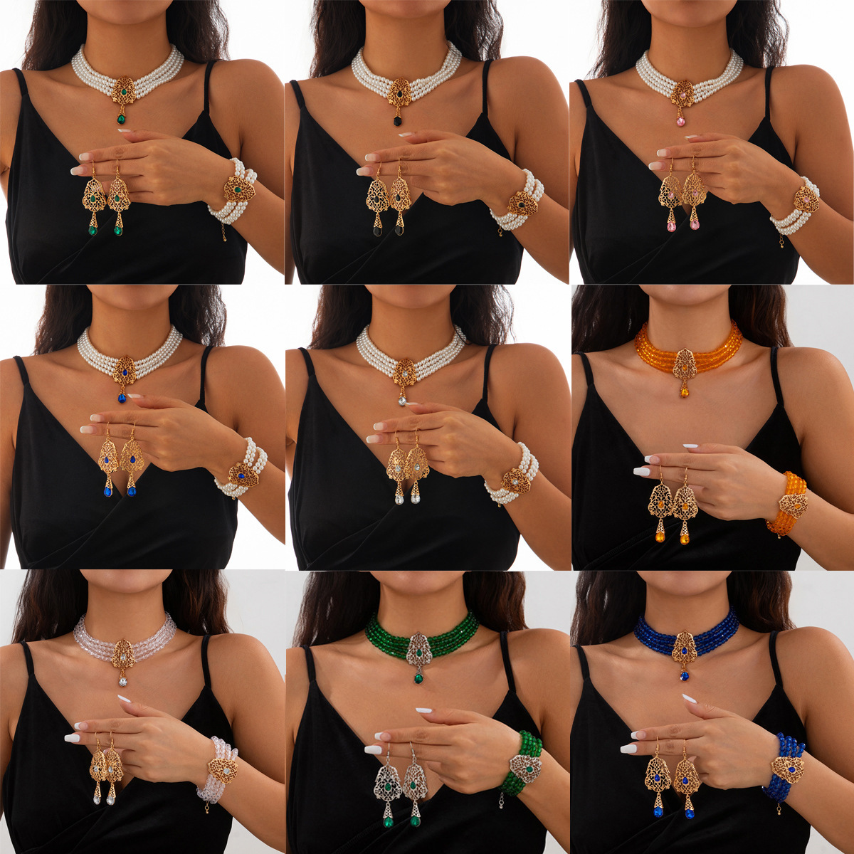 European and American cross-border jewelry, light luxury style square rhinestone necklace, choker retro imitation pearl beaded set necklace full figure
