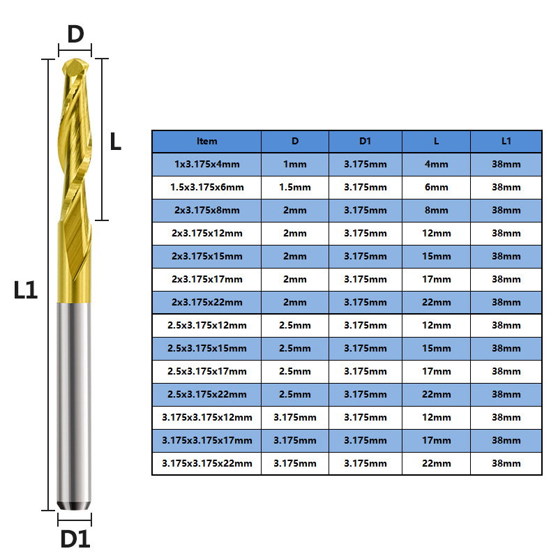 Wholesale of 3.175 helical double-edge ball-end titanium-coated milling cutters and cemented carbide helical end mills details Picture