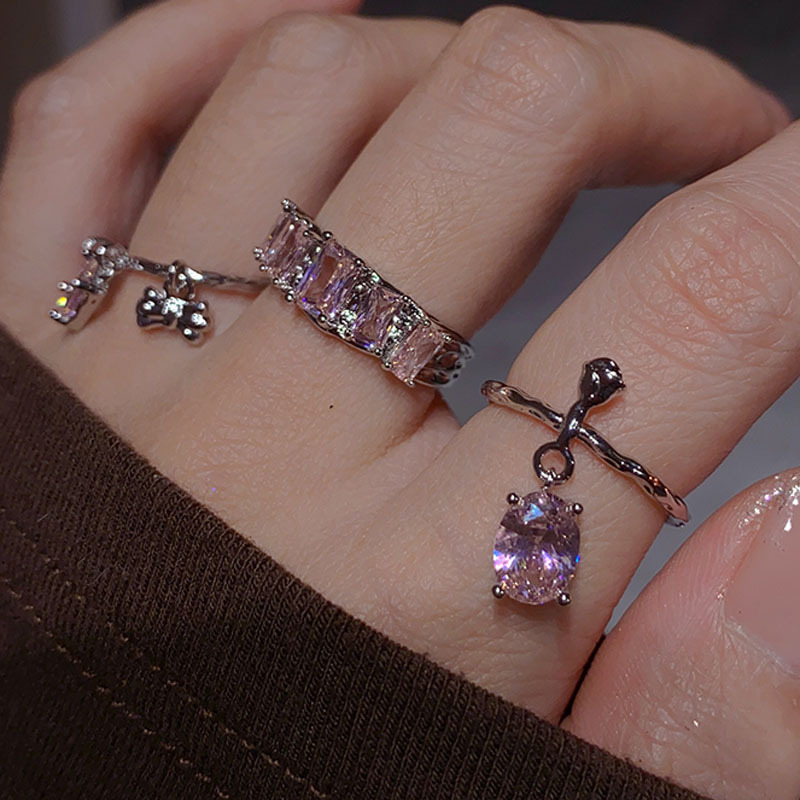 Pink diamond zircon sweet and cool open ring for women's Instagram cold style new trendy street fashion and personality food ring full figure