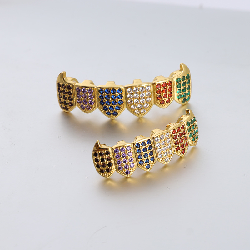 Cross-border European and American Amazon hip-hop braces, colorful zircon, colored copper inlaid zircon, Halloween hip-hop grillz Specification drawing