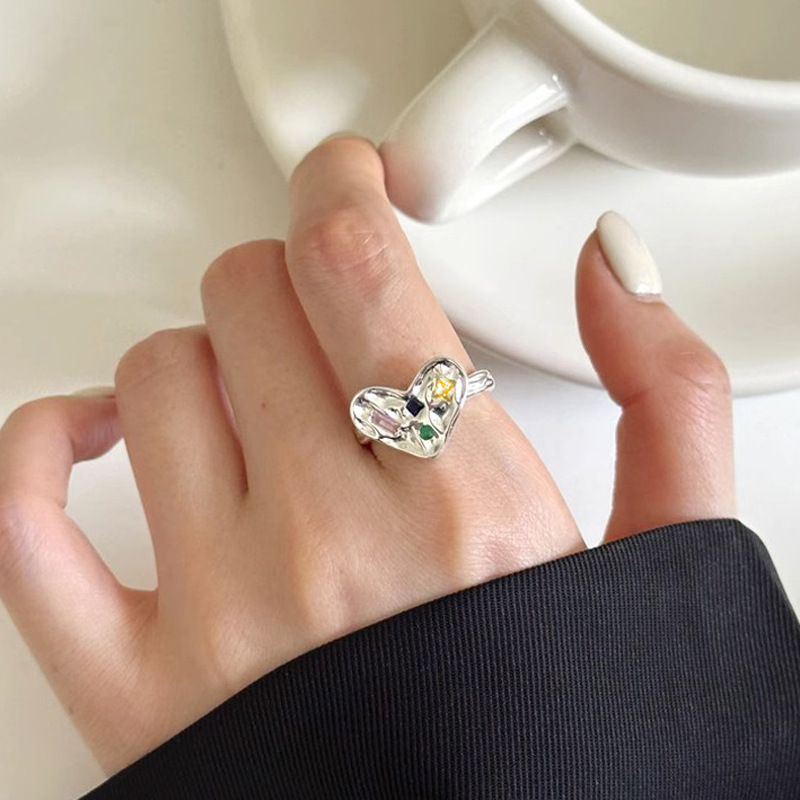 Irregular heart-shaped color diamond tin foil texture open ring, women's light luxury, niche, ins simple and high-end style index ring full figure