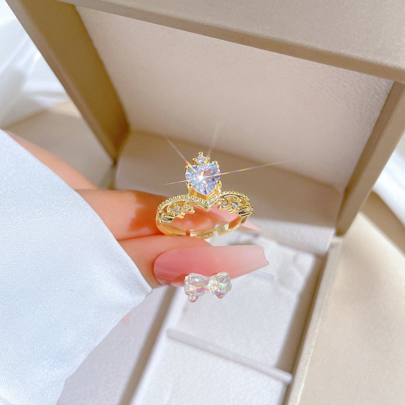 【 Real Gold 】 Crown heart Full Diamond ring with adjustable opening, simple Japanese-style ring couple rings details Picture