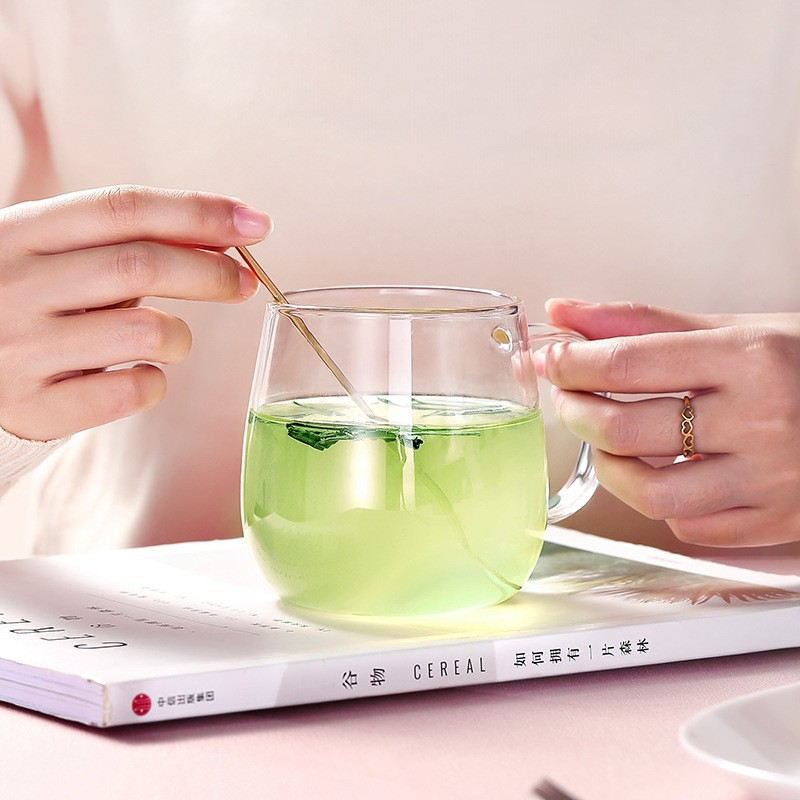 Simple office glass tea cups, transparent water cups, high borosilicate glass cups, single-layer cups, mushroom cups, glass cups with handles Specification drawing