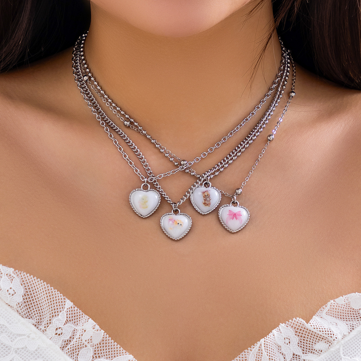 European and American style cross-border heart-shaped little animal set necklace for ladies versatile fine chain fresh necklace accessory full figure