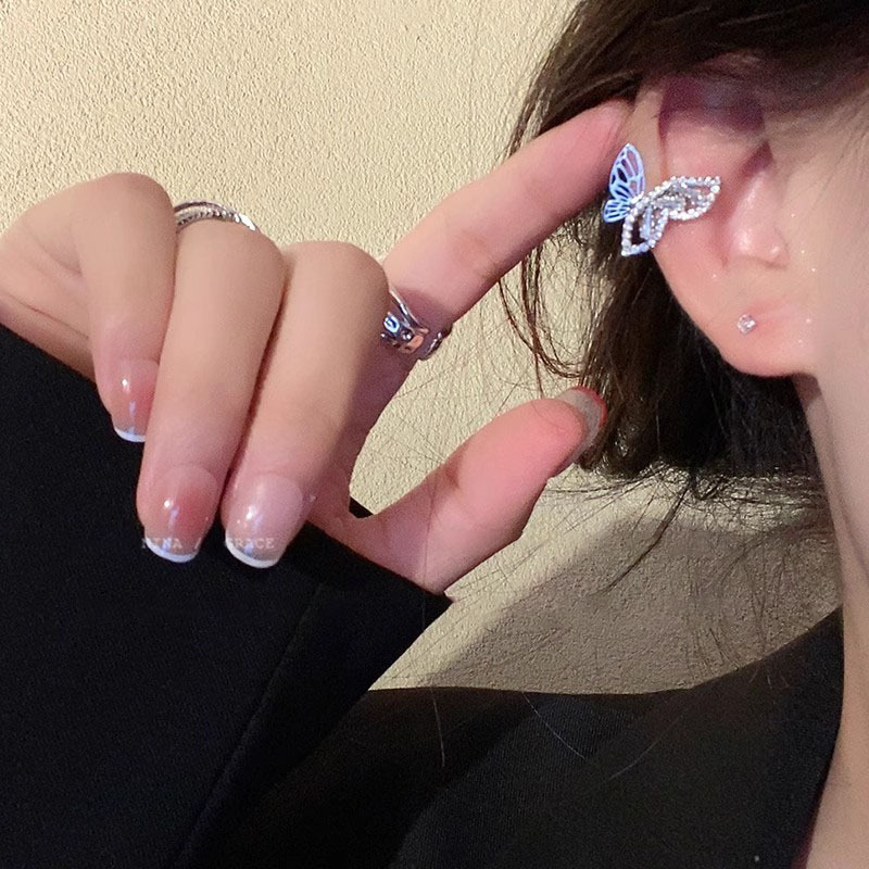 Super fairy-like full-diamond zircon hollowed-out butterfly earrings for women, a new style of high-end and elegant ear bone clip fairy earrings in 2025 Specification drawing