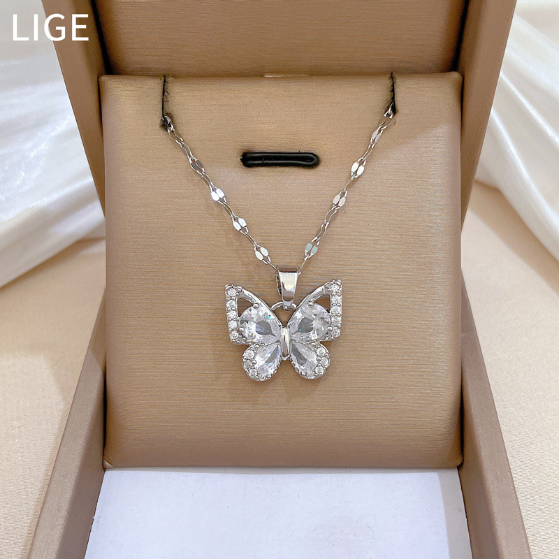 【 Titanium Steel 】 Zircon Butterfly Necklace Earrings Set, light luxury, slightly inlaid, personalized and elegant banquet earrings and necklaces combination Specification drawing
