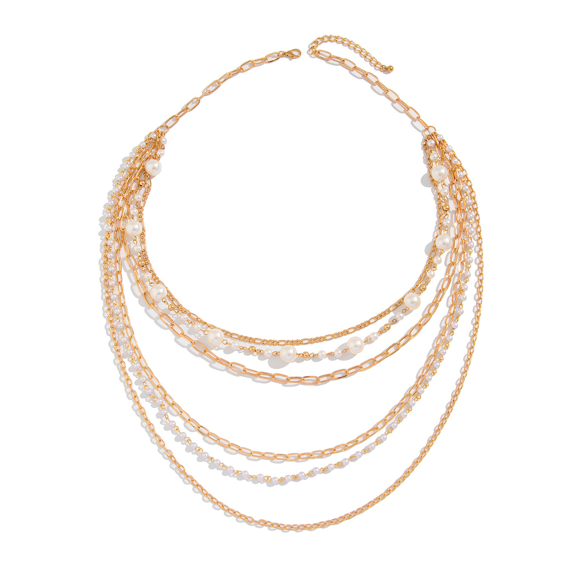 European and American cross-border jewelry, cold style pearl beaded long necklace set, unique and hot girl, metallic collarbone chain Item Picture