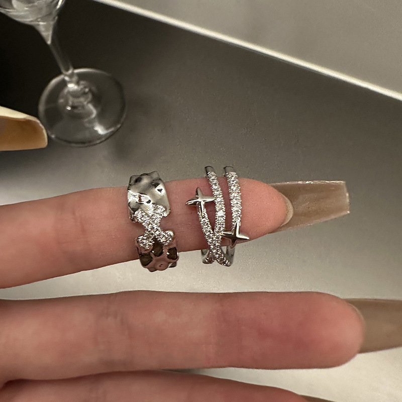 ins Cold style personality star cross letter zircon open ring, women's niche design sense light luxury index finger ring Specification drawing