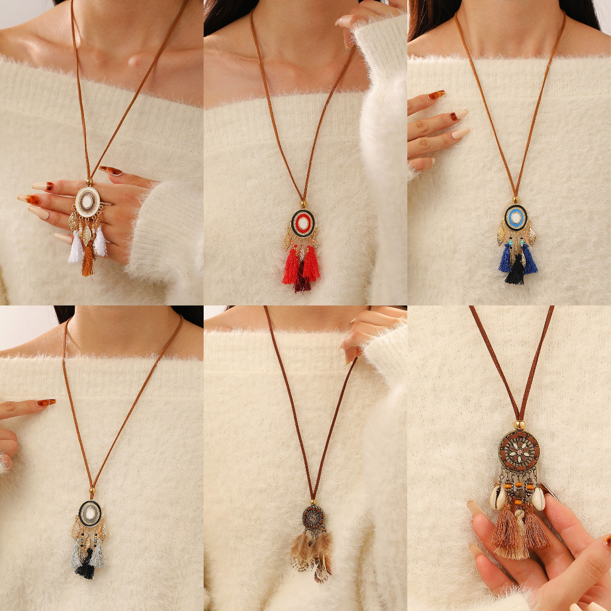 European and American cross-border personalized tassel long earrings, women's Bohemian ethnic style sweater chain necklace, autumn and winter accessories full figure