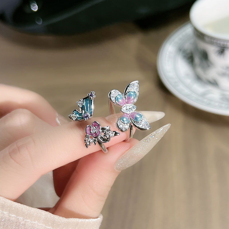 New Chinese-style blue and purple color-blocked enamel butterfly individual open ring, simple and elegant feminine androgny style, layered index finger ring full figure