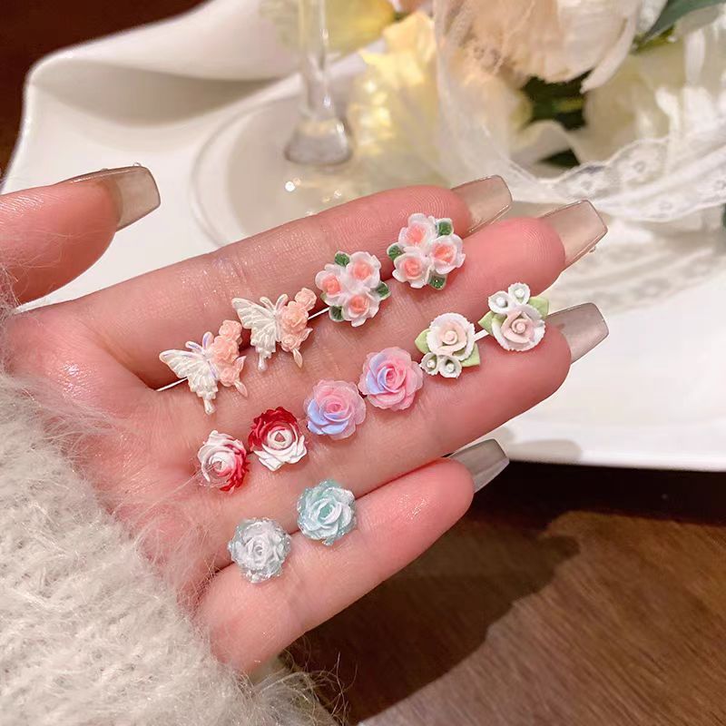 6 pairs of colorful flower-shaped butterfly stud earrings for women, a new bestseller in 2025, exuding a high-end, light luxury and sweet charm details Picture