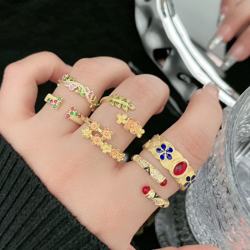 New court-style irregular flower drip glaze fashionable and individual ring, versatile for women, sweet, cool, niche and high-end ring full figure