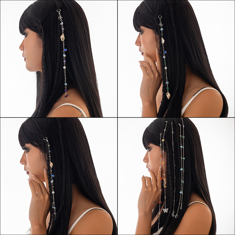 European and American cross-border jewelry, beach conch, crushed stone, tassel hair accessories, shell irregular natural stone, long chain hair accessories full figure