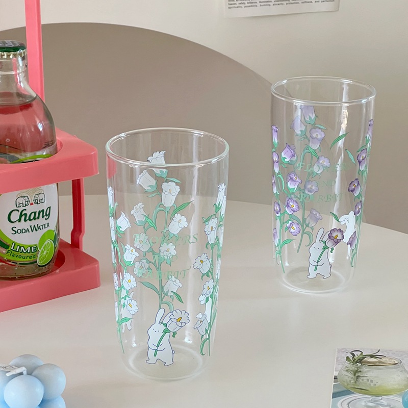 Floral ins large-capacity straight glass cups, simple campanula juice cups, milk cups, coffee cups, breakfast cups full figure
