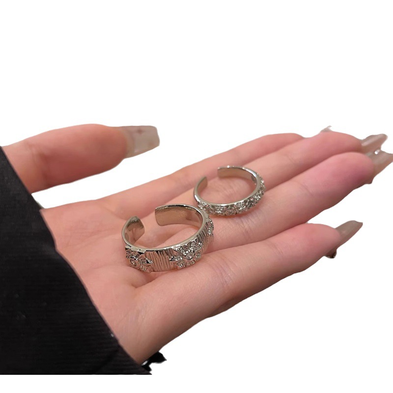 French simple and individual two-piece set, brushed open ring, feminine cold style, exquisite full diamond stacked food ring, cool and trendy Item Picture