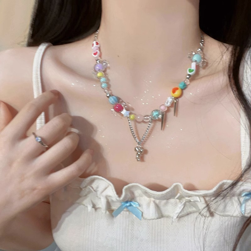 Summer Dopamine Rainbow Candy necklace, Instagram niche design sense, sweet beaded collarbone chain for women full figure