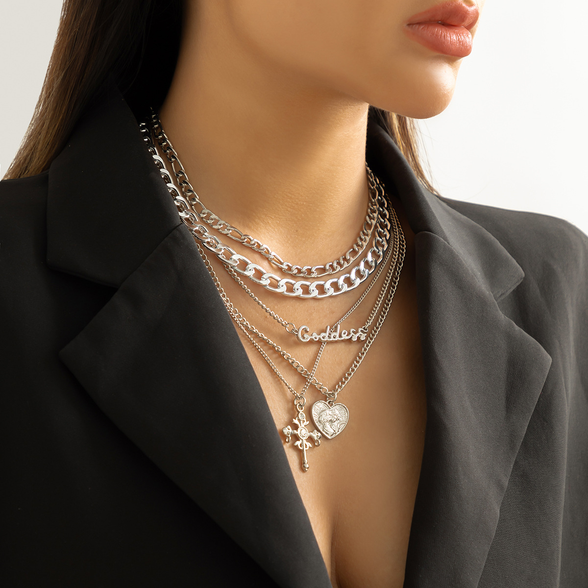 European and American cross-border jewelry, retro multi-layered human figure cross pendant necklace, hip-hop style letter chain necklace for women details Picture