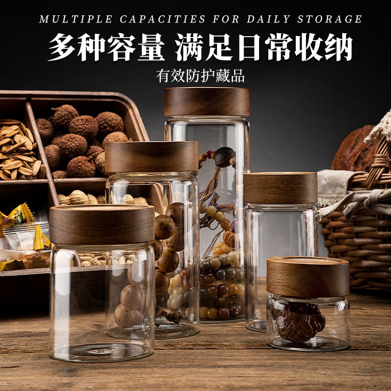 Sealed jars for cultural and artistic items, packaging bottles for prayer beads and walnut bracelets, display jars for dried tangerine peel, agarwood and sandalwood, high borosilicate bead nurturing jars Application Scenario