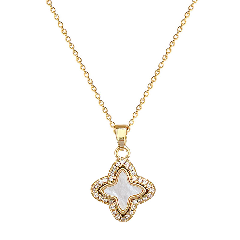 【 Titanium Steel 】 Four-Leaf Clover Shell Micro-inlay Necklace and Earring set, a light luxury and individual style earring and necklace combination Item Picture