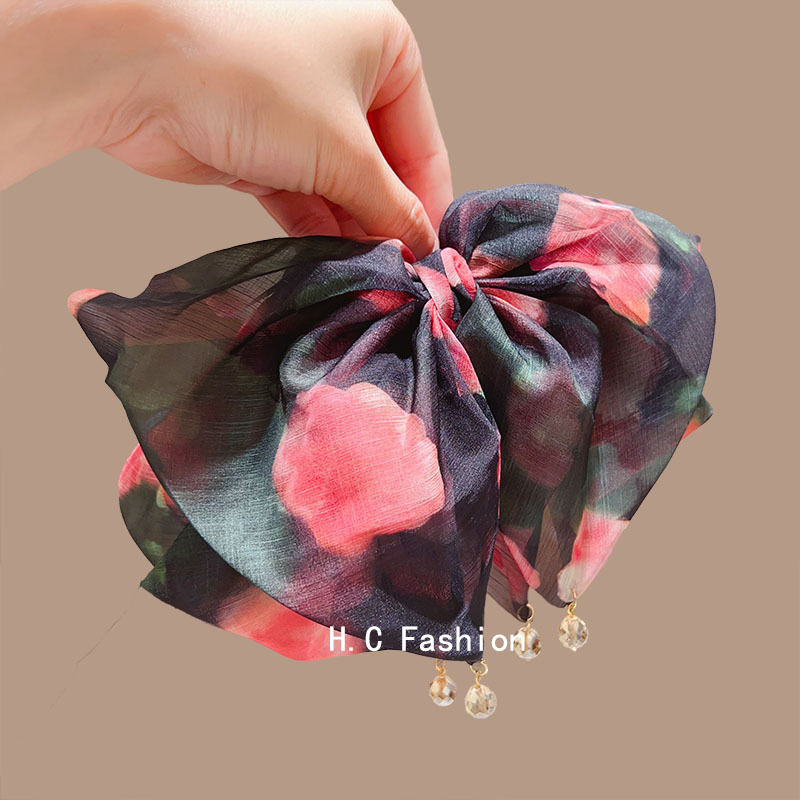 Retro chiffon printed bow ponytail grab clip at the back of the head, an elegant and luxurious hair clip for women details Picture