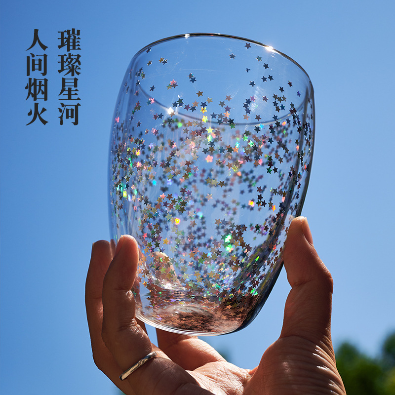 Creative starry sky double-layered glass cup, refreshing summer, high appearance level office desktop cup, milk cup, men's and women's drinking cup Application Scenario