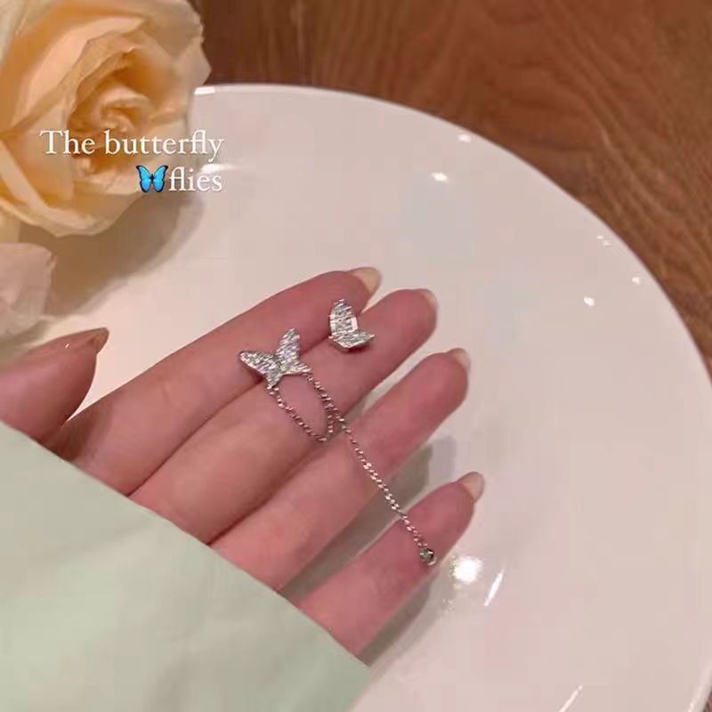 The new asymmetrical butterfly tassel stud earrings exude a high-end and elegant design for women, with a cold and light luxury and niche charm Specification drawing