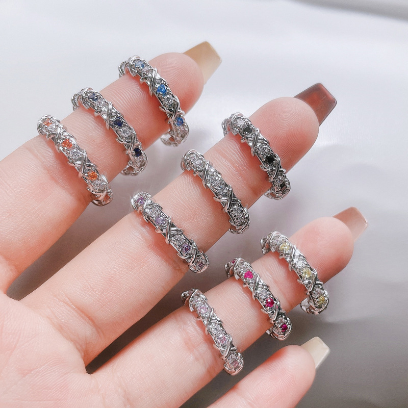 French light luxury cross-colored zircon design sense ring for women, versatile and high-end sparkle diamond open index finger ring Specification drawing