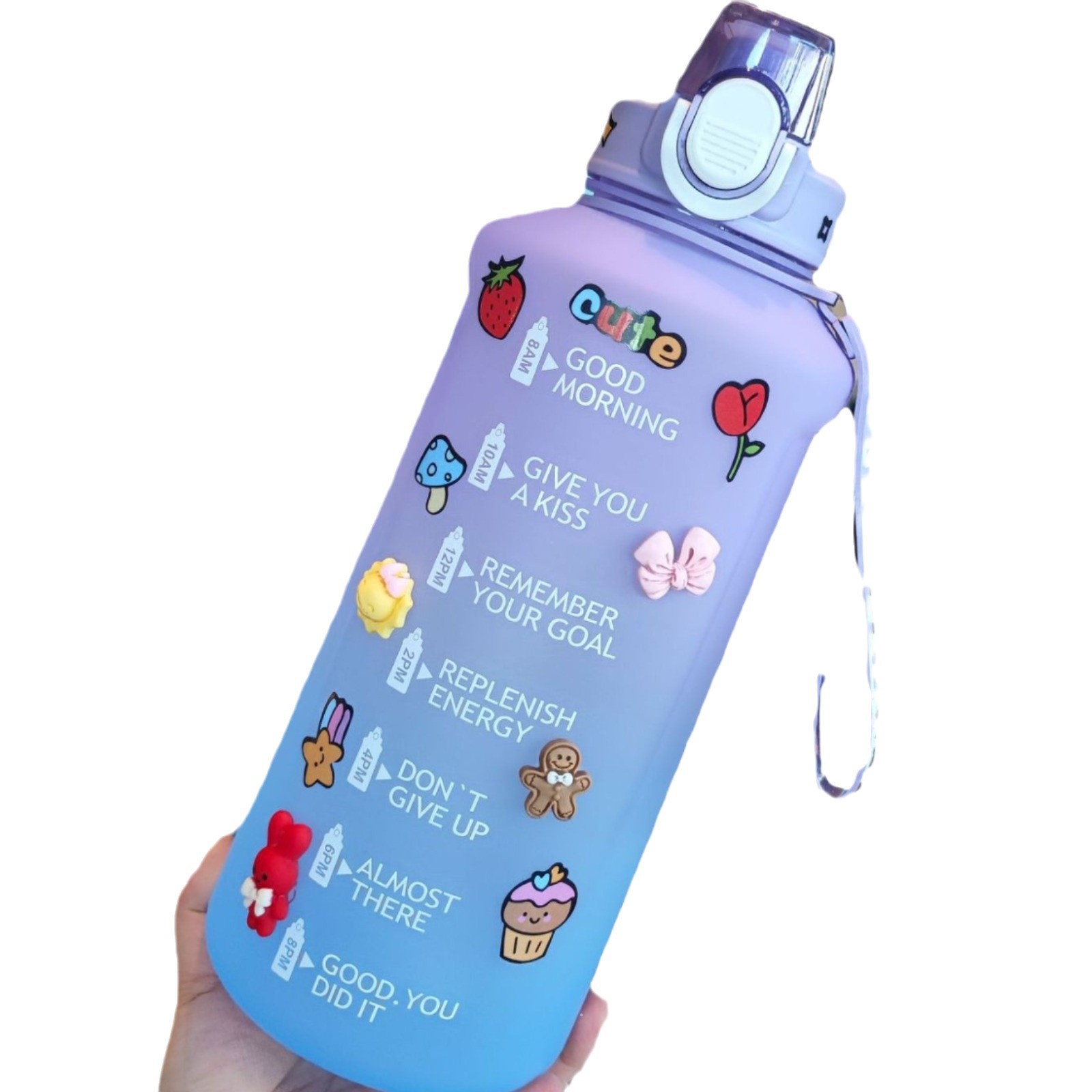 Cross-border large-capacity water bottles, plastic straw cups, popular stickers, high appearance level, gradient color water bottles, portable drawstring water cups Item Picture