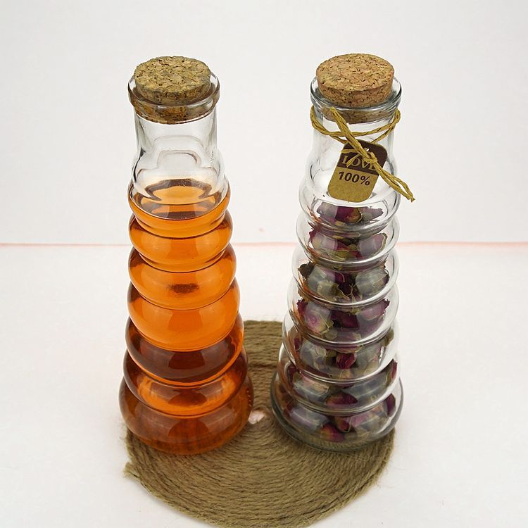 New 350ML glass beverage bottle, flower tea bottle, gourd bottle, wooden stopper bottle, creative glass container full figure
