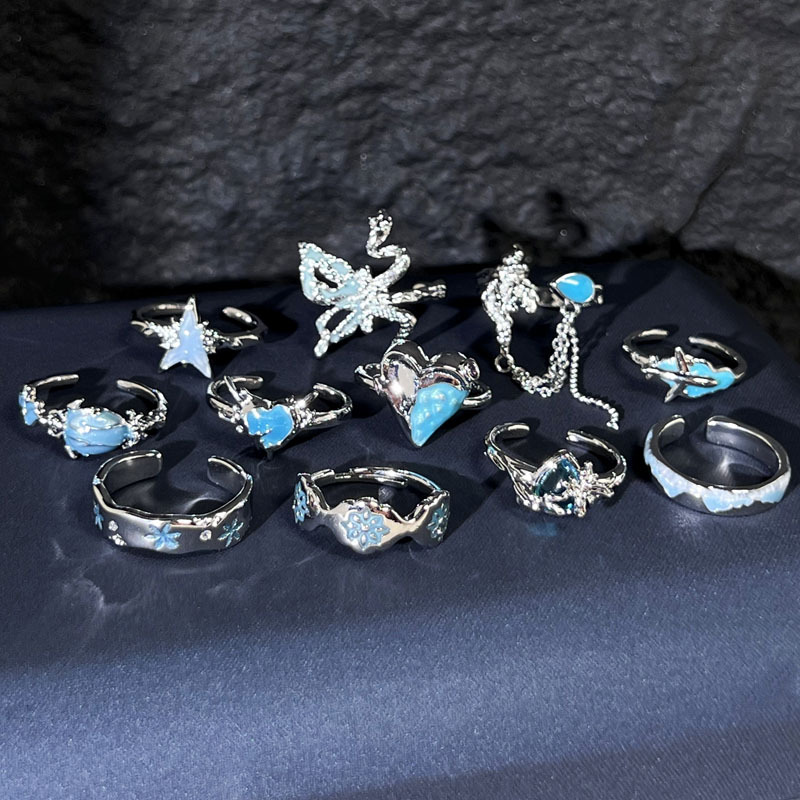 Exquisite cross-border versatile, fresh and light blue drip glaze whitening ring, a cold and feminine style, a niche androgynous ring details Picture