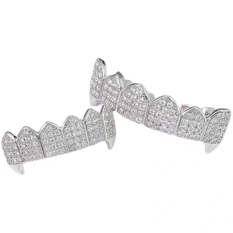 Cross-border new gold-plated micro-inlaid zircon hip-hop braces, gold and silver teeth, hiphop cool accessories supplied by the manufacturer full figure
