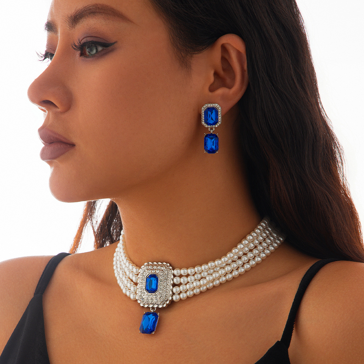 European and American cross-border jewelry, fashionable pearl necklace set, light luxury geometric alloy multi-layer collarbone chain Specification drawing