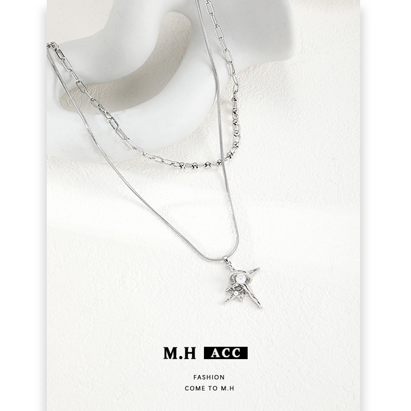 Original four-pointed star pearl necklace, non-fading, women's summer high-end collarbone chain, cold style, niche accessory wholesale Specification drawing