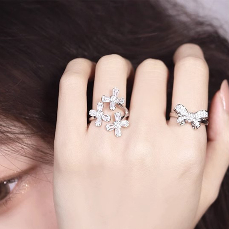 French super fairy bow flower full diamond zircon open ring for women, light luxury and high-end, sweet and cool layered food ring full figure