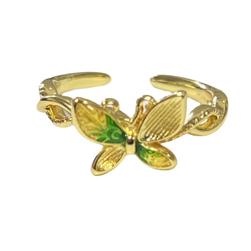 The small peach star pink and green color drip glaze ring with a light luxury and niche design sense for women, a fashionable butterfly personality ring Item Picture
